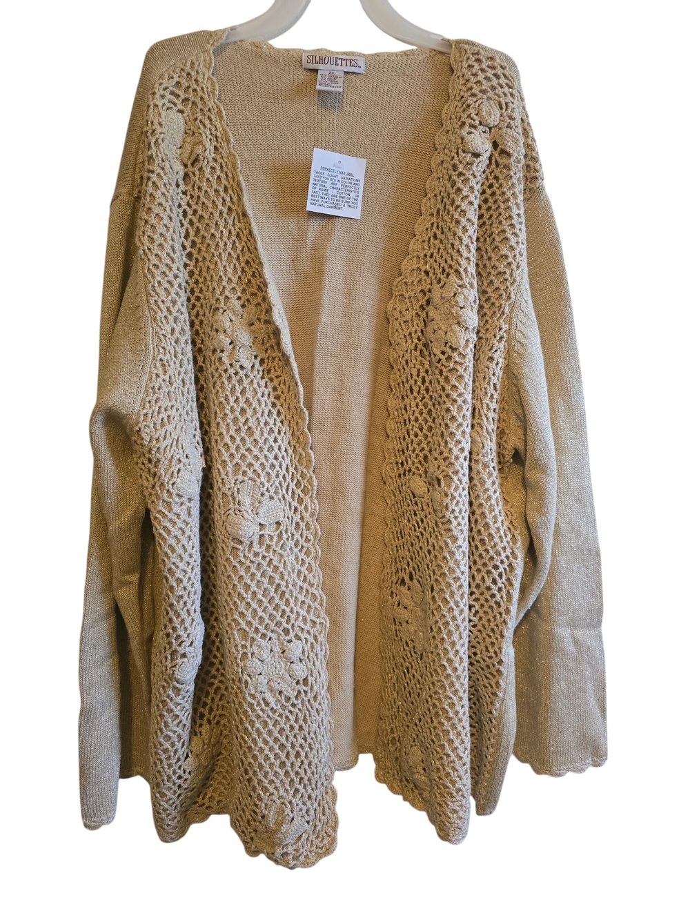 Vintage Silhouettes Gold Shimmer Cardigan, Crochet Floral 2x